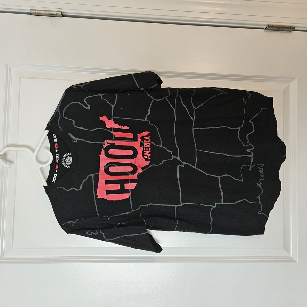 Black Short Sleeve Tee with Red 'HOOD' Graphic